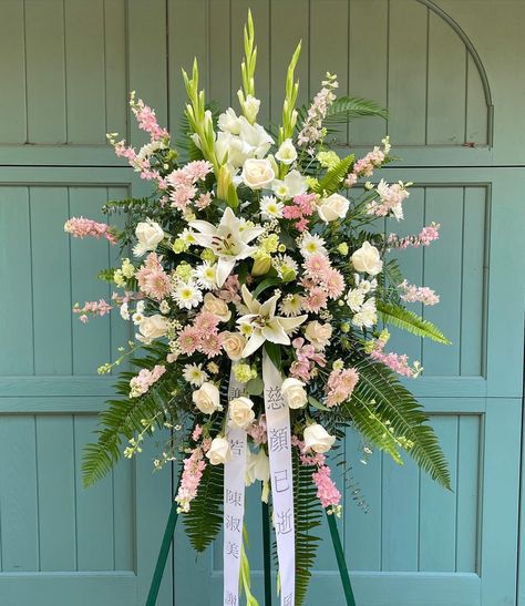 A Standing Spray in pastel colors. The customer wanted two custom banners in Chinese. (Our printer allows us to print banners in multiple languages.) Special delivery to San Lorenzo this morning. #standingspray #funeralspray #funeral #funeralflowers #celebrationoflife #memorial #memorialservice #pastel #pastelflowers #custom #custommade #specialdelivery #sympathyflowers #sympathyflorist #berkeleyflorist #oaklabdflorist #orindaflorist #eastbayflorist #bayareaflorist #chinesefuneral #asianflo... Standing Spray, Diy Bouquet Wrap, Flowers Arrangements, Bouquet Wrap, Sympathy Flowers, Flower Spray, Diy Bouquet, Banner Printing, Pastel Flowers