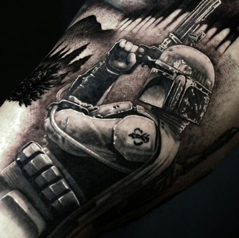 Boba fett star wars tattoo black and grey tattoo TOMJINBU realism tattoo Boba Fett Tattoo, Stormtrooper Tattoo, Star Wars Tattoo Sleeve, Portrait Tattoo Sleeve, Adventure Time Tattoo, New York Tattoo, More Tattoo, Star Wars Tattoo, Celtic Tattoos