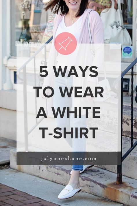 There is no more essential wardrobe piece than a white t-shirt, so I rounded up 5 easy ways to wear a white t-shirt, with real-life examples! Click through to see them all, and tell me which is your favorite! White Tee Shirt Outfit, White Tshirt And Jeans, White Tees Outfit, White Tshirt Outfit, White Tops Outfit, White Tee Jeans, Tee Shirt Outfit, Essential Wardrobe Pieces, Jolynne Shane