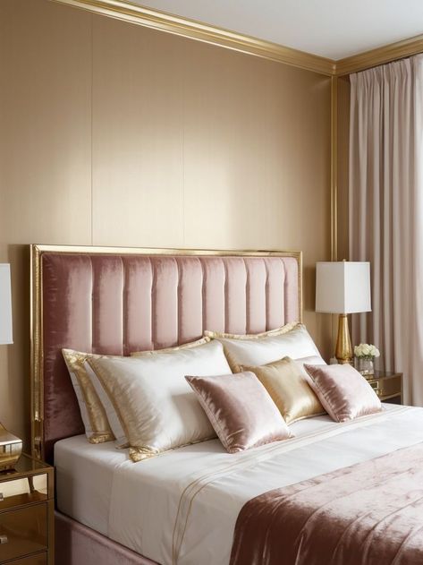 Pink Gold White Bedroom, Gold White Bedroom, Gold And White Bedroom, Gold Bedside Lamp, Pink Bedroom Aesthetic, Pink Princess Room, Bedroom Dresser Styling, Glam Interior Design, Bedroom Vibes