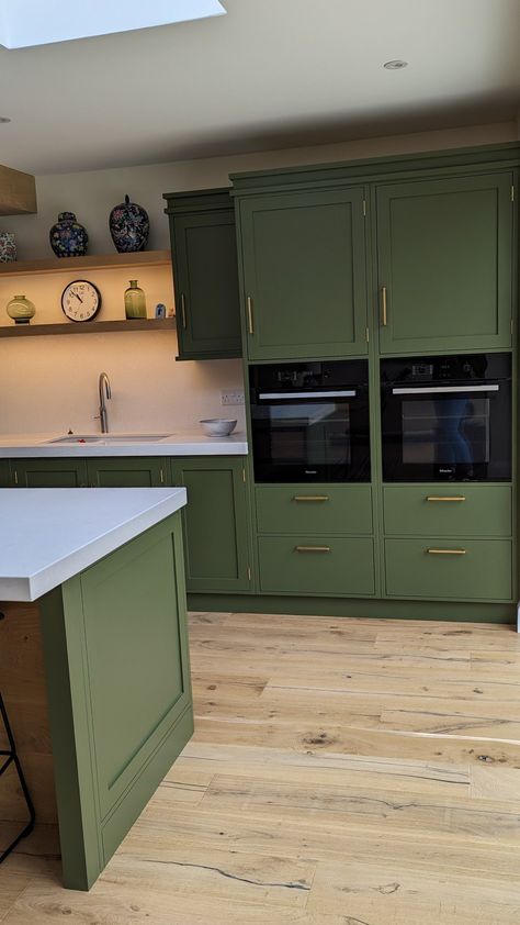 Farrow And Ball Bancha Kitchen, Arsenic Farrow And Ball Kitchen, French Kitchen Green Cabinets, Farrow And Ball Studio Green Kitchen, Farrow Ball Bancha, Farrow And Ball Bancha, Teresa’s Green Farrow And Ball Kitchen, Green Kit Hen Cabinet, Painted Island