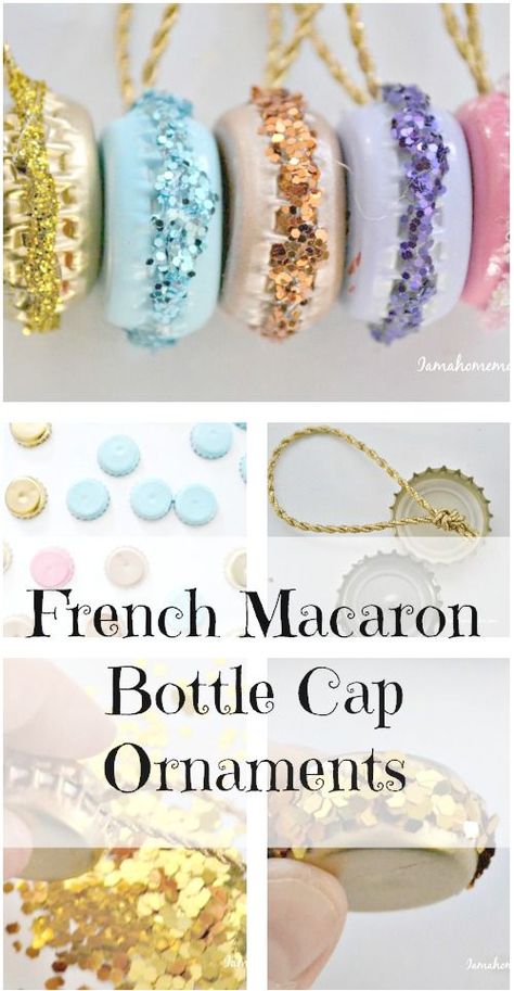 Upcycle some old bottle caps into fun French macaron ornaments. They are also really cute hanging off of some ribbon on your holiday gifts. Bottle Cap Ornaments, Macaroon Ornaments, French Macaron, Bottle Cap Art, Bottle Cap Crafts, Navidad Diy, French Macarons, Crafts To Make And Sell, Diy Bottle