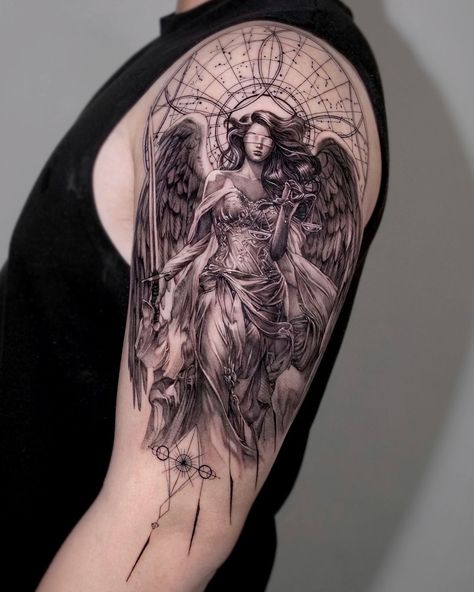 ⚖️⚖️ Done at @sj_tattoostudio . . #tattooblackandwhite #tattooblackworks #tattoooftheday #tattooideas #thebesttattooartists #tattoolove… | Instagram Goddess Themis Tattoo, Circe Greek Mythology Tattoos, Dark Feminine Tattoos Ideas, Female Warrior Tattoo Goddesses, Artemis Tattoo Design, Hermes Tattoo, Ares Tattoo, Greek Goddess Tattoo, Artemis Tattoo