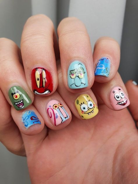 Cartoon Nail Art Short Nails, Spongebob Short Nails, Spongebob Nails Short, Sponge Bob Nail Art, Spongebob Nails Designs, Nails Spongebob, Boy Nail Art, Cartoons Nails, 90s Cartoon Nails Acrylic