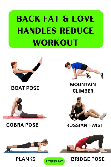 How to get rid back fat & love handles.. well Fitness Rat has shortlisted some of the amazing exercises to reduce back fat and reduce love handles which are easy to do and are very effective. Check them out- #backfat #backfatexercises #backfatexercisesathome Workout For Love Handles, Back Fat Exercises At Home, Reduce Love Handles, Love Handle Workout, Boat Pose, Cobra Pose, Bridge Pose, Back Fat, Russian Twist