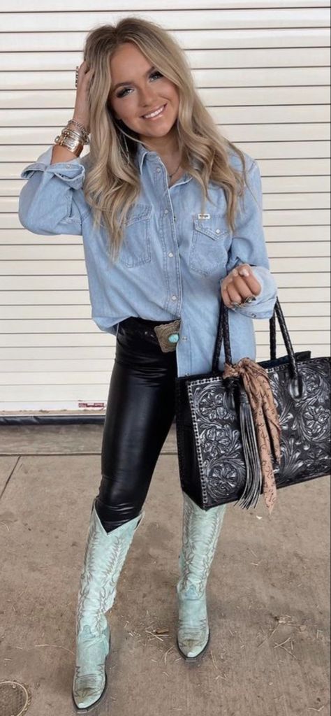 Faux Leather Leggings Outfit Cowboy Boots, Leather Pant Country Outfit, Womens Western Fashion Boho Chic, Outfit For Country Concert Fall, Womens Rodeo Outfits Winter, Western Winter Concert Outfit, Outfits For Nfr Vegas, Turquoise Boots Outfit Country, The American Rodeo Outfits