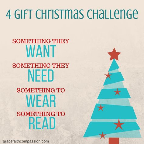 4 Gift Christmas Challenge {Free Printable} 4 Gifts for Christmas. "Something you want, something you need, something to wear, and something to read." Christmas Gift Challenge, Christmas Gift Ideas Something You Need, Something To Wear Something You Need, Gift Challenge, Something They Want Something They Need Christmas Gifts, 1 Thing You Want 1 Thing You Need Christmas, Something I Want Something I Need List, Something They Need Christmas Gifts, Something To Read Something You Need