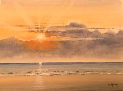 Sunset Watercolour Painting, Watercolour Beach Sunset, Watercolor Ocean Sunset, Sea Sunset Drawing, Watercolour Sunrise, Sunset Beach Watercolor, Sunrise Watercolor Painting, Watercolour Seascapes, Watercolour Sunset