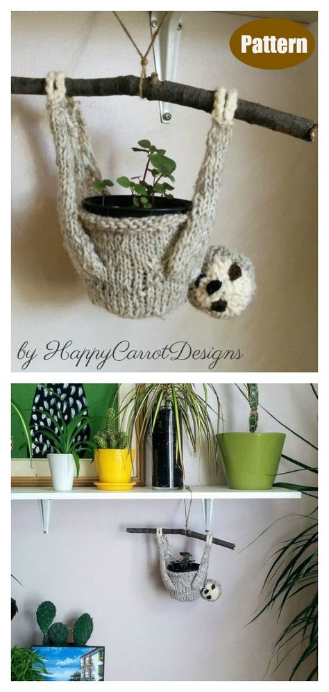 Sylvia the Sloth Plant Hanger Knitting Pattern   #knittingpattern   #slothpattern #planthangerpattern Knit Plant Hanger Free Pattern, Sloth Knitting Pattern Free, Knitted Plant Hanger, Sloth Knitting Pattern, Plant Knitting Pattern, Knit Plant Hanger, Sloth Plant Hanger, Amigurumi Sloth, Crochet Sloth