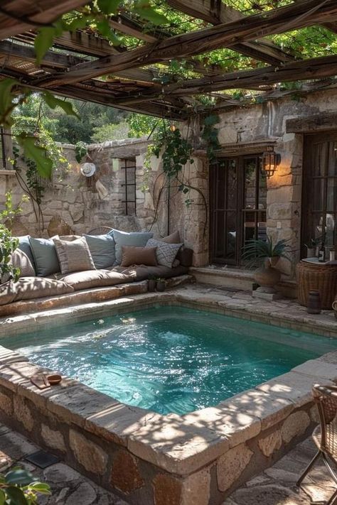 Cool Tiny House Ideas, Little Yard Ideas, Plunge Pool With Deck, Plunge Pools Backyard, Small Pool In Garden, Plunge Pool Hot Tub Combo, Furniture Around Pool, Garden With Pool Design, Backyard Ideas Aesthetic