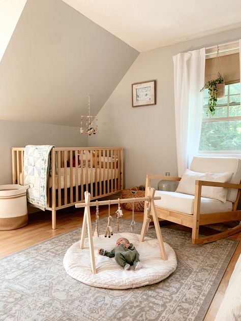 Scandi Style Nursery, Serene Nursery Gender Neutral, Nursery With Vaulted Ceiling, Simplistic Nursery Gender Neutral, Neutral Changing Table, Simple White Nursery, Nursery Ideas Slanted Ceilings, Calming Baby Nursery, Neutral Minimal Nursery