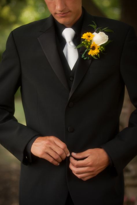 The groom. Sunflower flowers. Black with white tie. Black Suit Black Shirt White Tie, Black Suit Ivory Tie Wedding, Black Tux With White Tie, Groom Black Suit White Tie, All Black Suit White Tie, Black Tux White Tie, Black Suit With White Tie, Black And Sunflower Wedding, Black Suit White Tie