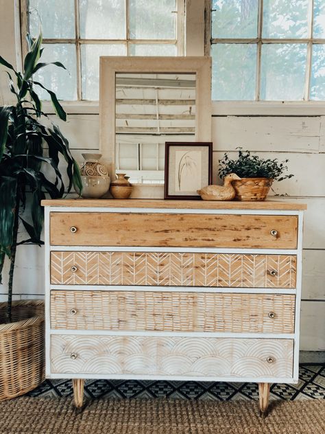 White And Wood Boho Dresser, Boho Dresser Refurbish, Decoupage Drawer Fronts, Boho Wood Furniture, Stencil Dresser Drawers, Boho Dresser Flip, Plaster Dresser, Boho Furniture Painted, Painted Dresser Ideas Boho