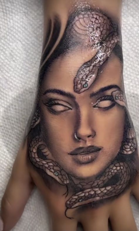 Half Medusa Half Skull Tattoo, Big Thigh Cover Up Tattoos For Women, Hand Tattoo Medusa, Beautiful Medusa Tattoo Goddesses, Madusa Sleeve Tattoos For Black Women, Unique Medusa Tattoos For Women, Small Medusa Tattoo Stencil, Medusa Hand Tattoo Men, Madussa Tattoo Design Women