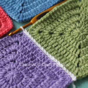 Flat Slip Stitch Join For Granny Squares | Craft Passion Crochet Joining, Joining Crochet Squares, Crocheted Squares, Knitting Stitches Tutorial, Crochet Blocks, Horizontal Lines, Square Blanket, Crochet Square Patterns, Granny Square Crochet Pattern