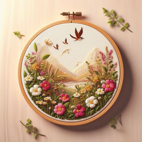 Beautiful Embroidery Inspiration Ideas, Large Embroidery Wall Art, Watercolor Embroidery, Nature Embroidery, Embroidery Artwork, Embroidery Hoop Wall Art, Embroidery Wall Art, Diy Embroidery Designs, Hand Embroidery Tutorial