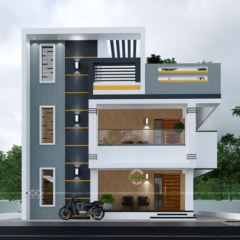 Modern 4-Bedroom Duplex House Exterior Duplex House Elevation Design Modern, Elevation For Duplex House, Duplex House Design Exterior, 30 40 Duplex House Elevation, Duplex Row House Elevation Design, Duplex House Elevation Design Modern India, Small House Front Design, Small House Interior, Small House Interior Design