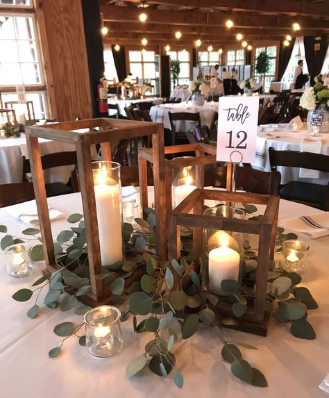 Wooden Wedding Lanterns, Wood Table Centerpieces Wedding, Diy Wedding Lanterns Centerpieces, Wedding Table Decorations Lanterns, Wood Lanterns Wedding Centerpiece Ideas, Wedding Table Centerpieces Lanterns, Romantic Fall Wedding Centerpieces, Western Wedding Reception Decorations, Table Decor With Lanterns