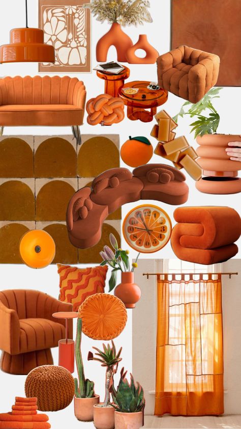 Orange home decor aesthetic 60s House Decor, 70s Room, 70s Living Room, Hippie House, 70s Interior, Orange Home, Home Decor Aesthetic, 70s Home, Orange Home Decor