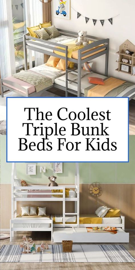 I’m happy to report that YES, triple bunks do exist, and they also come in some incredibly cool varieties. Triple bunks can help maximize floor space and provide families with flexible sleeping options. And as I found, they can also add in some play-based elements to a bedroom! #bunkbeds #triplebunkbeds #kidsroom #kidsroomdesign #sharedkidsroom #sharedroom #siblings 3 Twin Beds In Small Room, Small Bedroom Three Bed, 3 Sibling Room Sharing, Bunk Bed And Twin Bed In One Room, Bunk Bed For 3 Kids, Small Room For 3 Sisters, Bunk Beds For 3 Kids, Triple Beds For Small Room, Small Room 3 Beds