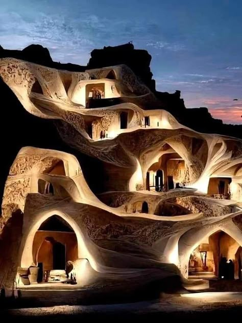 Cappadocia Caves at Night, Turkey .🇹🇷 Unrealistic Places, Aesthetic Buildings, Earth Houses, Turkey Hotels, Turkey Vacation, Bank Of America Stadium, Hotels In Turkey, Cave Hotel, Travel Turkey