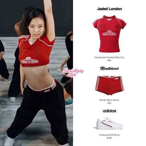 241015 - JENNIE ‘Mantra’ MV Rehearsal ❤️ #BLACKPINKSTYLE #BPINKSTYLE #BLACKPINK #블랙핑크 #JENNIE #제니 #JISOO #지수 #LISA #리사 #ROSÈ #로제 #JADEDLONDON #BADBLOOD #ADIDAS Jennie Adidas Outfit, Jennie Style Outfits, Jennie Adidas, Jennie Clothes, Jennie Outfits, Aesthetic Closet, Outfit Closet, Blackpink Closet, Adidas Continental 80