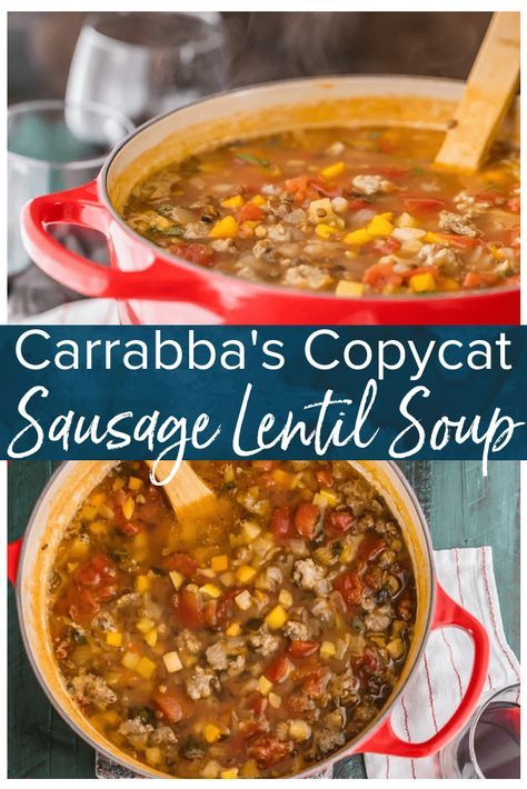 Copycat Carrabba's Sausage and Lentil Soup...your favorite restaurant comfort food made easy at home! This amazing sausage lentil soup is a staple at our house. So delicious! #soup #carrabbas #copycatrecipe #lentils #sausage #thecookierookie via @beckygallhardin Carabas Lentil Sausage Soup, Carrara’s Lentil Soup, Carabas Lentil Soup, Lentil Soup Recipe Crockpot, Copycat Soup Recipes, Simple Lentil Soup, Sausage And Lentil Soup, Sausage Lentil Soup, Copycat Soup