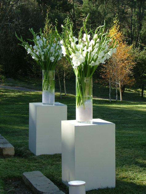 Flowers On Plinths, Plinth Flowers, Gladiolus Wedding, Wedding Floral Centerpieces, White Wedding Flowers, Aisle Decor, Deco Floral, Wedding Aisle, Wedding Places