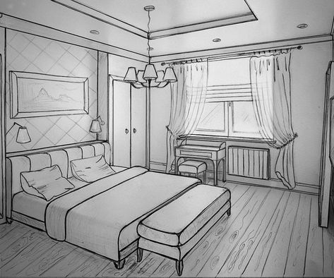 Perspective Sketches, One Point Perspective Room, Room Perspective Drawing, Drawings In Pencil, Perspective Room, Interior Design Portfolio Layout, Interior Design Sketchbook, Drawing Furniture, Drawing Room Decor