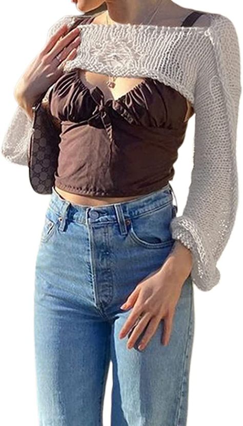 Women's Y2k Crochet Knit Hollow Out Crop Top Long Flared Sleeve Shrug Sweater Square Collar Navel Short Top Streetwear : Amazon.co.uk: Clothing Sweater Square, Y2k Crochet, Hollow Sweater, Sweater Streetwear, Sleeve Shrug, Round Neck Cardigan, Y2k Long Sleeve, Crop Top Long, Knit Shrug