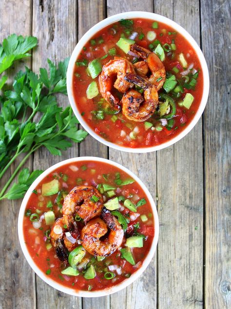 Classic Gazpacho with Spicy Grilled Shrimp Melon Gazpacho, Chilled Soup Recipes, Spicy Grilled Shrimp, Cold Soups, Gazpacho Soup, Gazpacho Recipe, Bbq Pork Ribs, Chilled Soup, Recipes For Summer