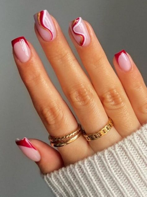 Swirls and short red French tip nails Red And French Nails, Red Tie Nails, Red French Tip Valentine Nails, Red French Tip Nails Valentines, Short Square Red Nail Designs, Nail Designs Red French Tip, Red Nail Tips Designs, Red French Nails Short, Red Tip Nails Square