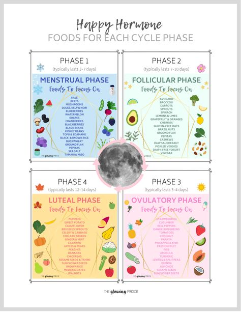 Plant Based Foods for Each Cycle Phase. Cycle Syncing. A helpful PDF printout that you can hang on your fridge so you always have the most cycle-supporting foods available to you! #happyhormones #naturalhormonebalance #cyclesyncing How To Track Your Menstrual Cycle, Foods To Support Menstrual Cycle, Foods To Eat Based On Cycle, Workouts Based On Your Cycle, Hormone Cycle Diet, Cycle Eating Plan, Food Cycling Period, Eating For Your Cycle, Cycle Syncing Meal Plan