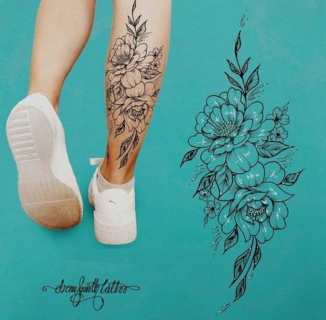 Calf Tattoos For Women Stencil, Floral Calf Tattoos For Women, Woman Calf Tattoo, Lower Calf Tattoo Women, Floral Calf Tattoo, Female Calf Tattoo, Mandala Arm Tattoos, Calf Tattoos For Women, Lower Leg Tattoos