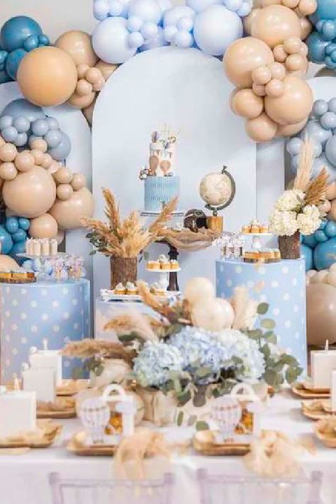 Check out this cute hot air balloon 1st birthday party! The dessert table and table settings are amazing! See more party ideas and share yours at CatchMyParty.com Hot Air Balloon 1st Birthday, Birthday Hot Air Balloon, Hot Air Balloon Birthday Party, Cute Hot Air Balloon, Hot Air Balloon Birthday, Air Balloon Birthday, Dessert Table Birthday, Hot Air Balloon Party, Dessert Table Backdrop