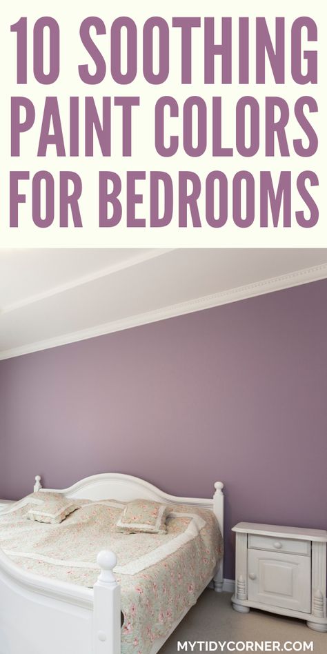 Discover the best paint colors for bedroom walls. These are relaxing paint colors to help turn your bedroom into a serene, soothing space that invites you to nap, dream and destress. These calming paint colors for bedrooms include blue, gray, neutral, dark gray etc. Wall Colour For Dark Brown Furniture, Best Colours For Bedroom Walls, Behr Purple Paint Colors Bedrooms, Best Purple Bedroom Paint Colors, Grayish Purple Paint Bedroom, Best Purple Wall Color, Bedroom Accent Wall Purple, Purple Paint For Bedroom Walls, Teenage Bedroom Colors