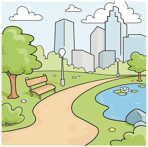 How to Draw a Park Step 10 Cartoon Park, Park Drawing, Road Drawing, Landscape Drawing Easy, Scene Drawing, Garden Drawing, City Drawing, Park Pictures, Background Drawing