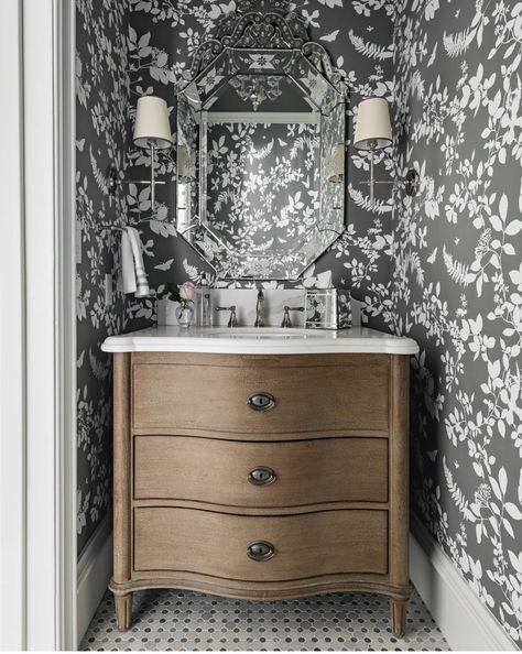 Furniture Vanity Powder Room, Powder Room Vanities Ideas, Small Powder Room Vanities, Vintage Powder Room Ideas, Traditional Powder Bathroom, Fancy Powder Room, Half Bath Vanity Ideas, Timeless Powder Room, Powder Room Sinks