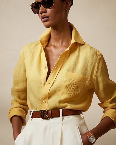 Adrien Linen Shirt for Women | Ralph Lauren® UK Yellow Linen Shirt Outfit, Yellow Linen Shirt, Linen Shirt Outfit, Ralph Lauren Blouse, Shirt Drawing, Classic Menswear, Women Ralph Lauren, Ralph Lauren Collection, Ralph Lauren Outfits