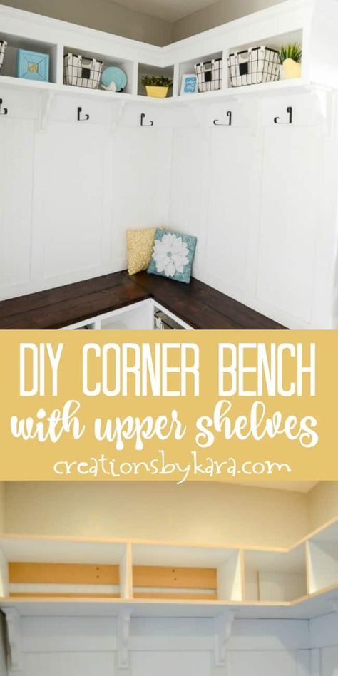 DIY Corner Bench with Cubbies - Improve your mudroom or laundry room with added storage - build a corner bench with cubbies. Add upper storage shelves for even more function! #mudroombench #cornerbench #diycornerbench #mudroomshelves Corner Mudroom Bench, Diy Nook Bench, Corner Mudroom, Mudroom Shelves, Diy Corner Bench, Diy Nook, Bench With Cubbies, Nook Bench, Laundry Room Storage Shelves