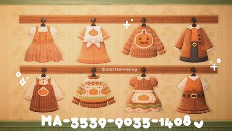 Animal Crossing Fall Codes Clothes, Fall Decor Animal Crossing, Fall Outfit Animal Crossing, Acnh Fall Dress Designs, Acnh Autumn Clothes Codes, Acnh Halloween Clothes Design, Autumn Design Codes Acnh, Anch Fall Outfits Codes, Acnh Fall Island Codes