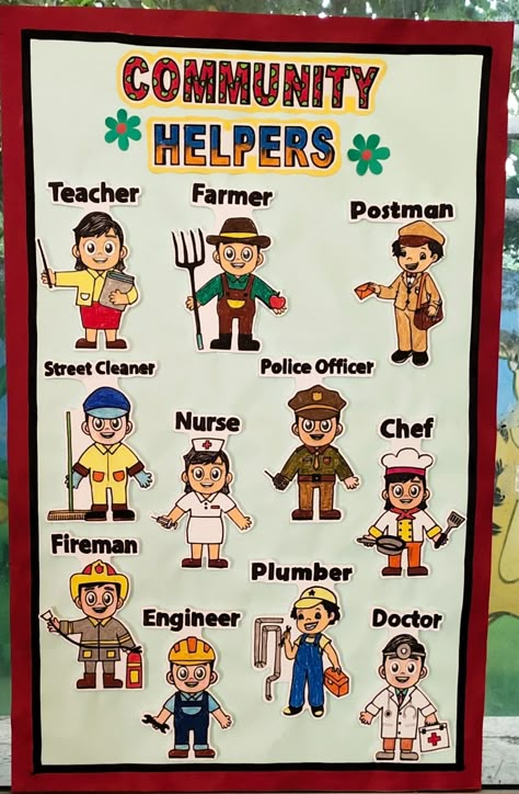 Community Helpers Chart Preschool, Community Helper Door Decoration, Community School Project, Community Helpers Images, Our Helpers Chart For Kids, Community Helpers Bulletin Board Ideas For Preschool, Community Helpers Classroom Decor, Community Helpers Decorations, Community Helpers Bulletin Board Ideas