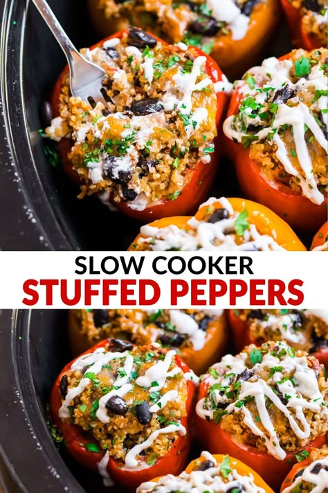 BEST EVER Mexican Crockpot Stuffed Peppers with quinoa, black beans, and ground turkey or chicken. Easy to make low carb with cauliflower rice, Paleo and Whole30 friendly, and so scrumptious! #healthyrecipe #freezermeals #glutenfree #slowcooker #crockpot #wellplated Stuffed Peppers With Quinoa, Mexican Crockpot, Mexican Slow Cooker, Crockpot Stuffed Peppers, Slow Cooker Stuffed Peppers, Easy Stuffed Peppers, Stuffed Peppers Recipe, Stuffed Peppers Turkey, Crockpot Turkey