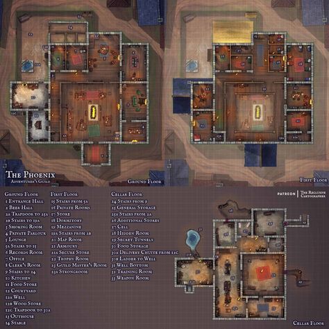 The Phoenix - Adventurer's Guild 60x60 - Building Map | The Reclusive Cartographer on Patreon Dnd Adventurer Guild Map, Dnd Guild Hall Map, Guild Hall Map, Adventurers Guild Art, Adventurers Guild, Adventurer's Guild, Fantasy Items, Cartographers Guild, Building Map