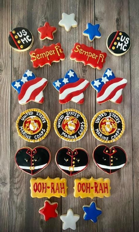 Marine Corps Bar Ideas, Marines Farewell Party Ideas, Marines Decorations Party, Marine Birthday Theme, Marine Corps Cookies, Marine Retirement Party Ideas, Marine Corp Party Ideas, Usmc Party Decorations, Marine Graduation Party