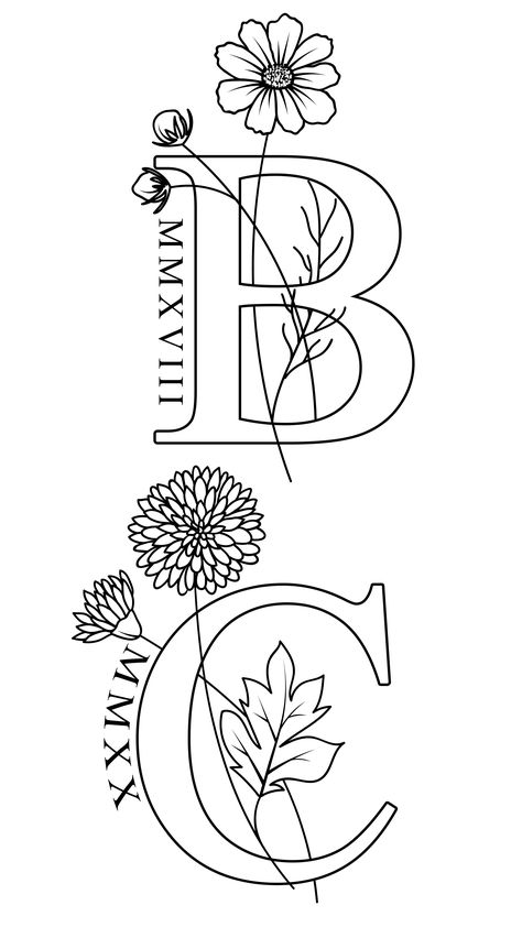 Floral Initial Tattoo, Letter B Tattoo Ideas, Letter B Tattoo, Letters Tattoo, Numeral Tattoo, Tattoo Floral, Initial Tattoo, Cosmos Flowers, Floral Initial