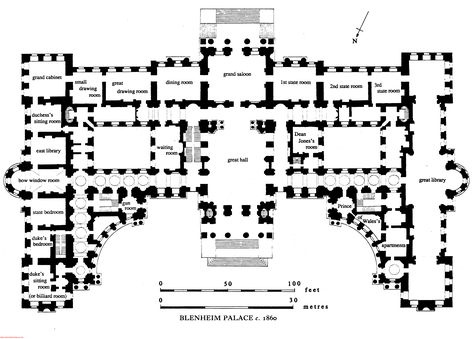 Blenheim Palace | First Floor plan c. 1860. Before Consuelo Vanderbilt married the 9th Duke of Marlborough. Palace Floor Plan, Mansion Plans, Architecture Traditional, Castle Floor Plan, Historical Houses, Castle Plans, Setting Inspiration, Blenheim Palace, Mansion Floor Plan