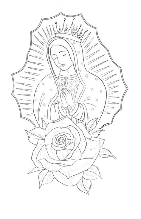 How To Draw The Virgin Mary, Virgin Mary Easy Drawing, The Virgin Mary Drawing, Our Lady Of Guadalupe Drawing, Virgen Mary Drawings, Virgin Mary Coloring Page, Durango Mexico Tattoos, Virgin Mary Stencil, Mary Tattoo Stencil