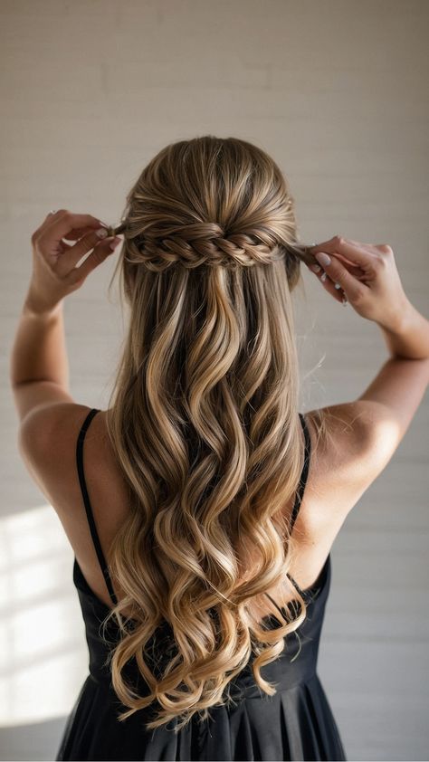 "Dark Blonde and Brown Hair Ideas for Fall Picture Day" Prom Hairstyles For Medium Length Hair Bow, Hairstyles For Prom Long Hair Half Up, Aesthetic Half Up Half Down Hairstyles, Wedding Hairstyles Dark Hair, Brown Hair Ideas For Fall, Hair Ideas For Fall, Boho Hairstyles Medium, Boho Bride Hair, Medium Length Hair Ideas