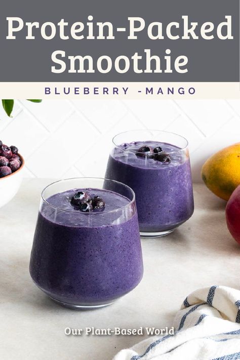 Discover the mouthwatering flavor of our protein-packed blueberry mango smoothie! Bursting with nutritious fruits and power-packed protein, this smoothie will become your go-to snack or breakfast in no time. Don't miss out on this scrumptious creation — pin it now! Smoothie No Banana, Blueberry Protein Smoothie, Cauliflower Smoothie, Blueberry Mango Smoothie, Quick Vegan Dinner Recipes, Blueberry Mango, Healthy Lemonade, Vegan Finger Foods, Smoothie Protein